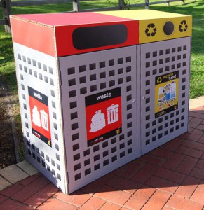 Custom made display featuring lifesize recycling bins created from X-Board.