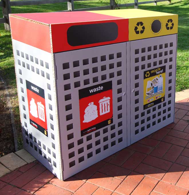 Custom made display featuring lifesize recycling bins created from X-Board.