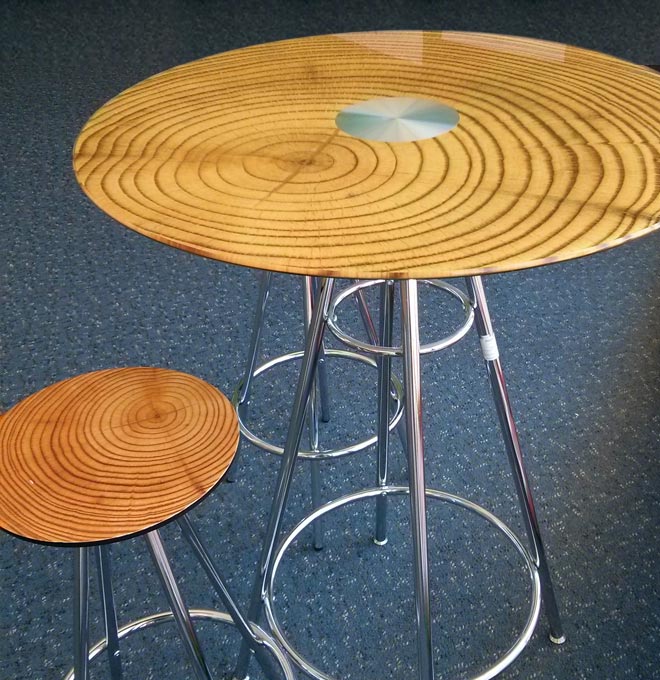 Custom Printed Glass Tabletop and Stool printed with wood grain.