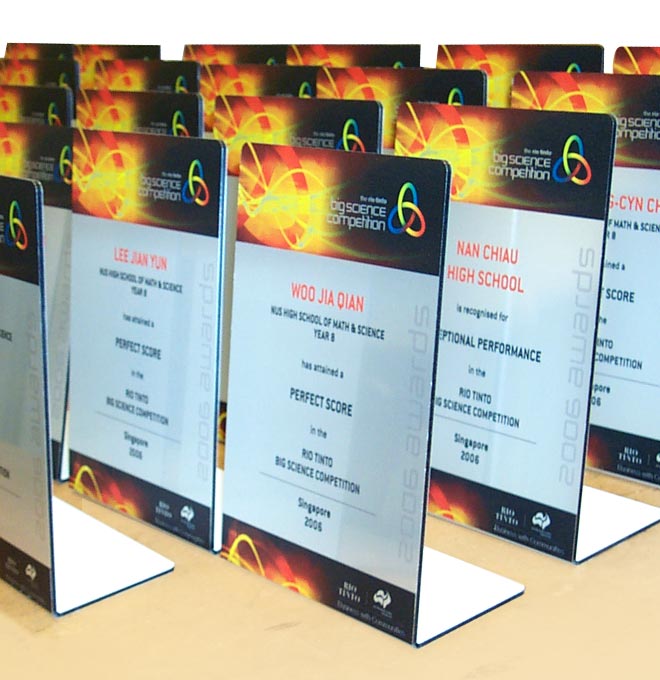 Custom made display awards manufactured from dibond aluminium.