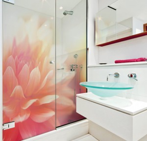 Glass printing, a shower screen printed with a large flower image.