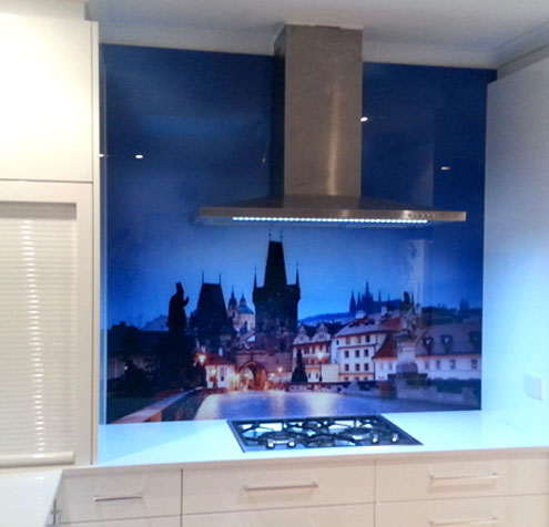 Glass printing - custom printed glass kitchen splashback with a beautiful photograph of Prague.