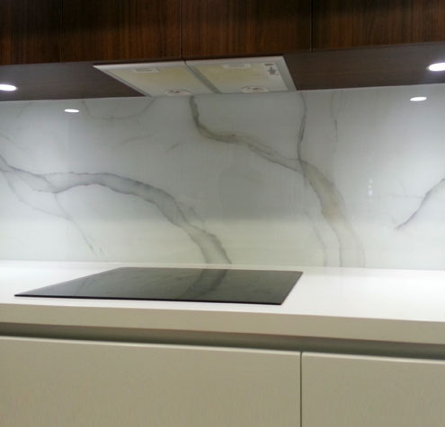 Glass printing -custom printed glass kitchen splashback printed to look like marble.