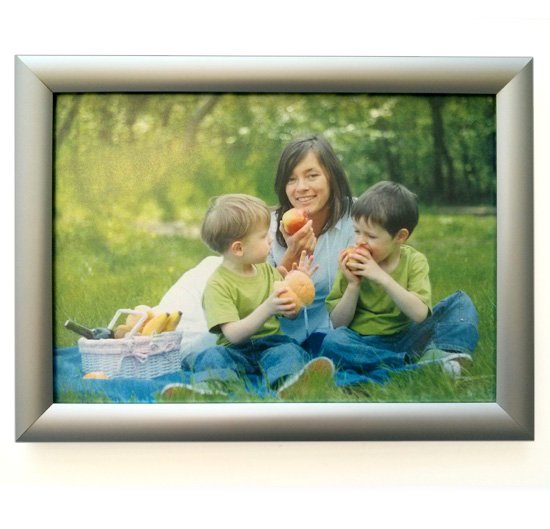 Snapframe poster mounting display from Wild Digital containing a photo of a family enjoying a picnic.